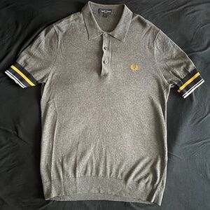 Fred Perry Men's Knit Polo Grey with Striped Sleeves MEN'S M